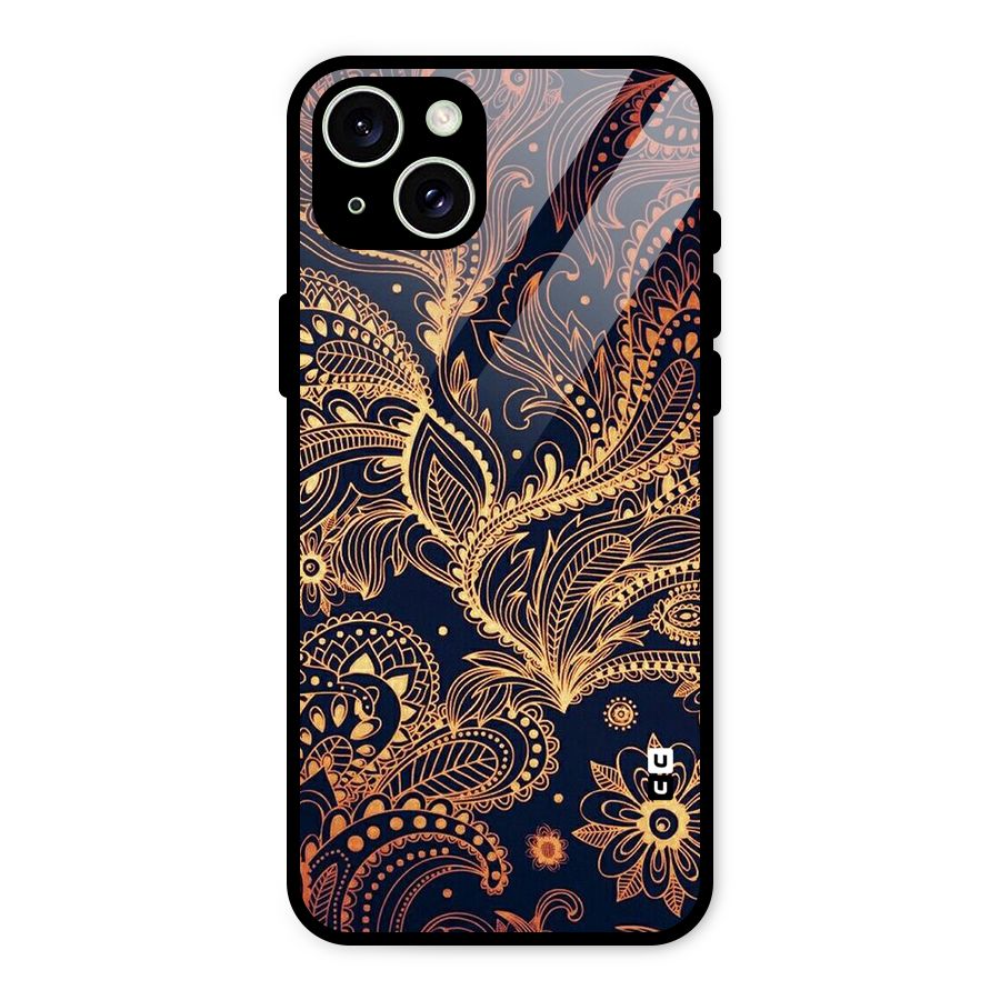 Classy Golden Leafy Design Glass Back Case for iPhone 15 Plus