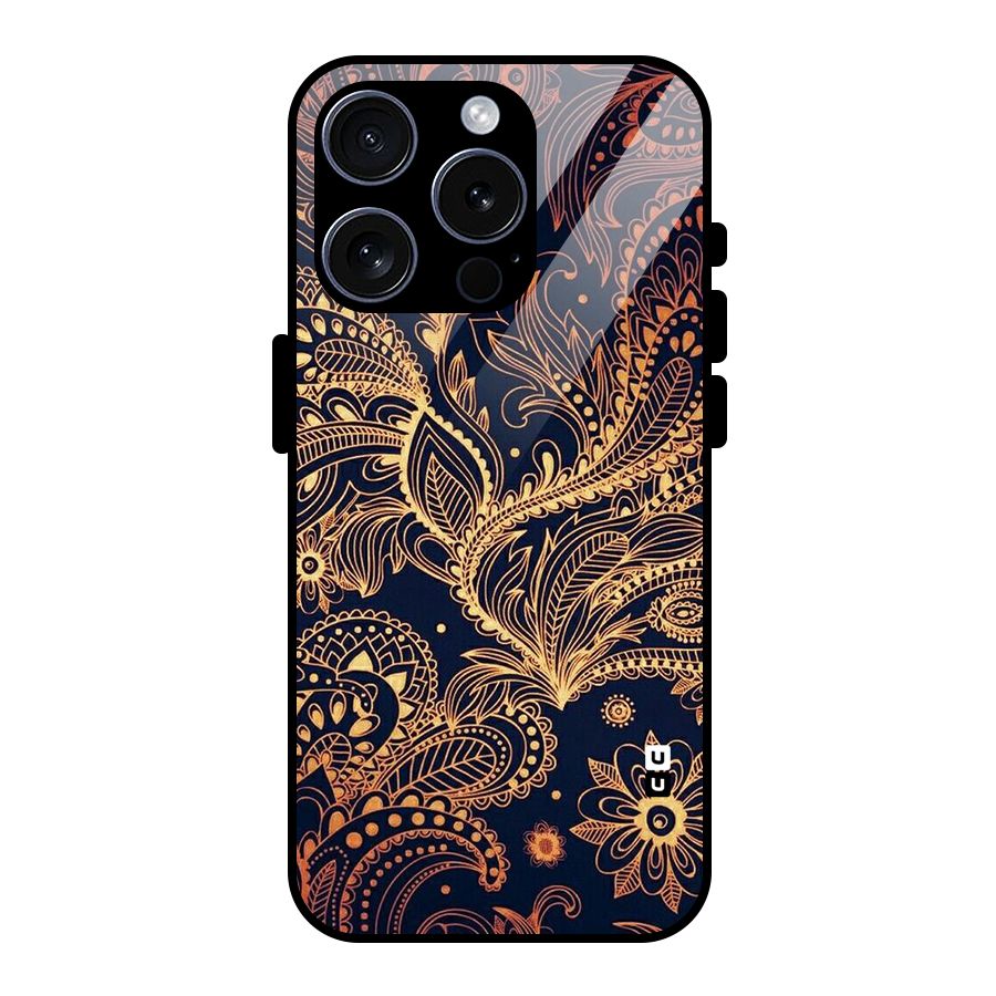 Classy Golden Leafy Design Glass Back Case for iPhone 15 Pro