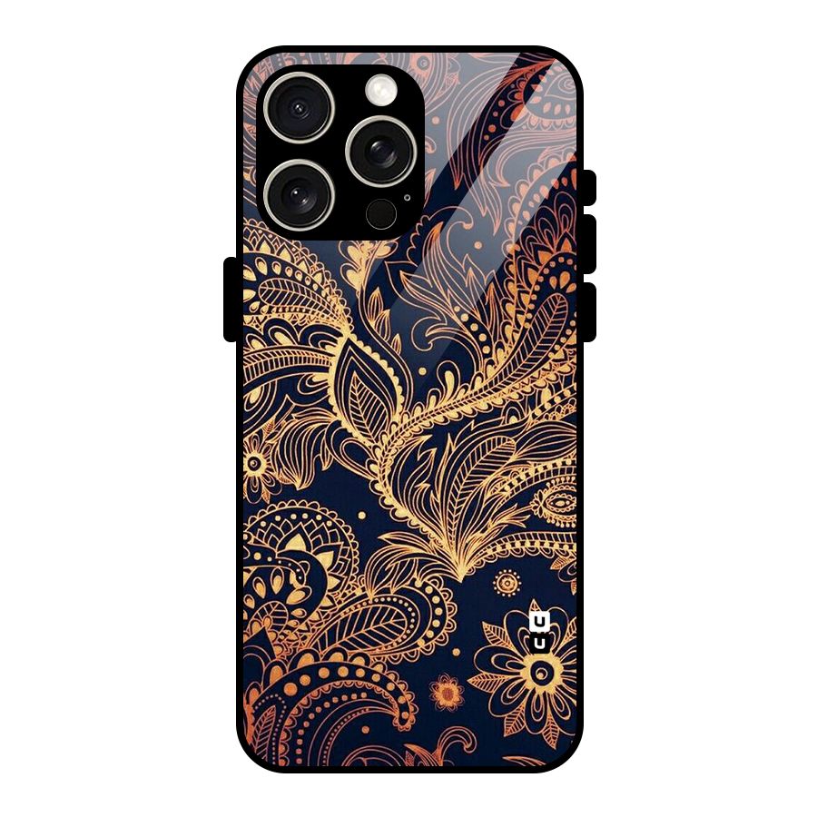 Classy Golden Leafy Design Glass Back Case for iPhone 15 Pro Max