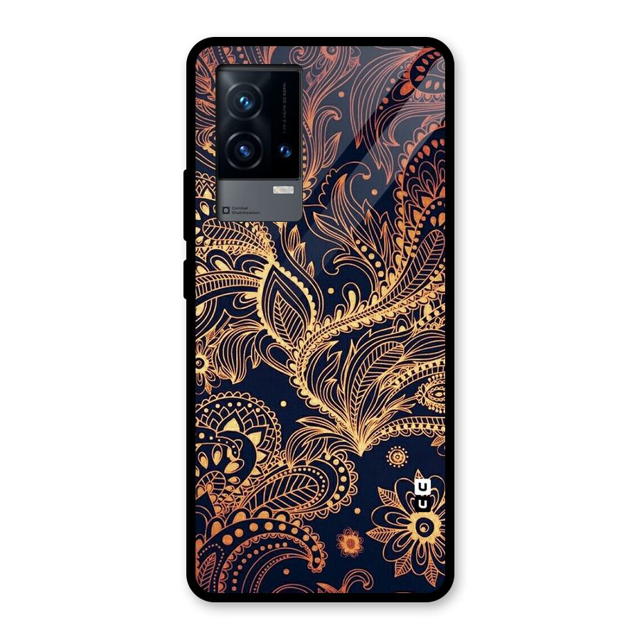 Classy Golden Leafy Design Glass Back Case for iQOO 9 5G