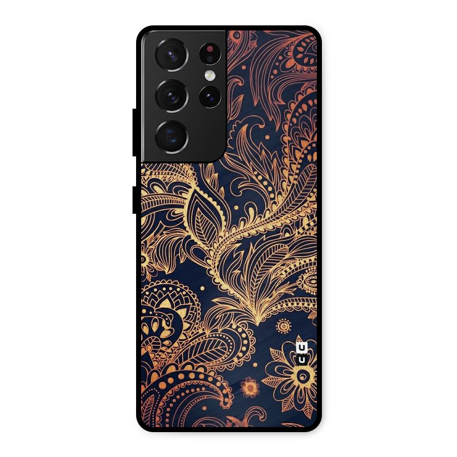Classy Golden Leafy Design Metal Back Case for Galaxy S21 Ultra 5G