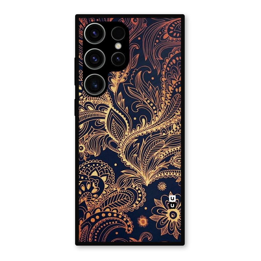 Classy Golden Leafy Design Metal Back Case for Galaxy S23 Ultra