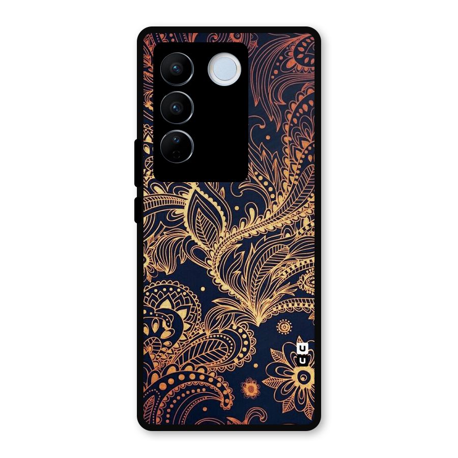 Classy Golden Leafy Design Metal Back Case for Vivo V27 Pro