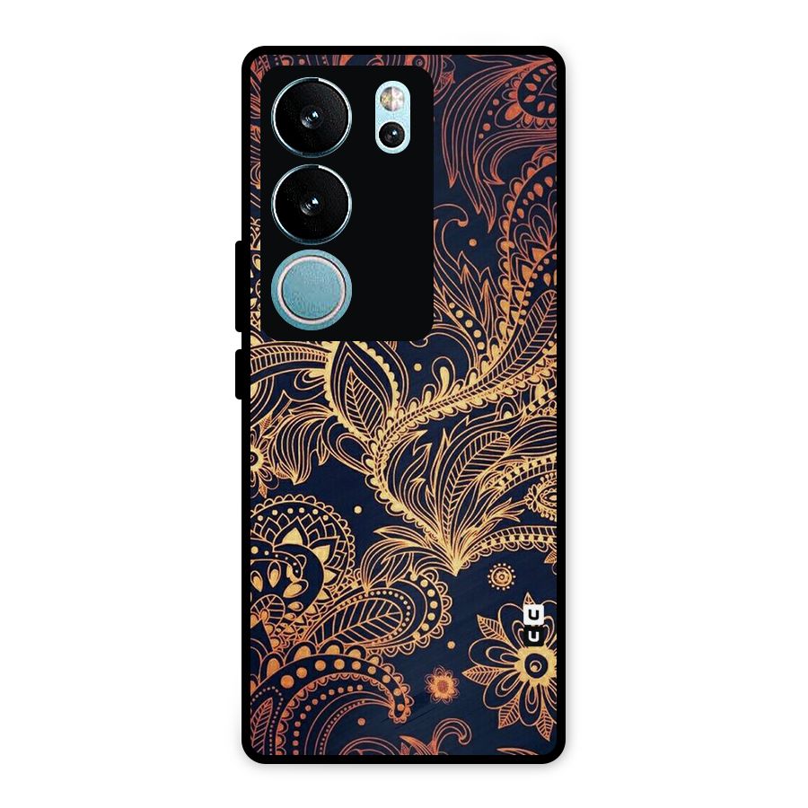 Classy Golden Leafy Design Metal Back Case for Vivo V29 Pro
