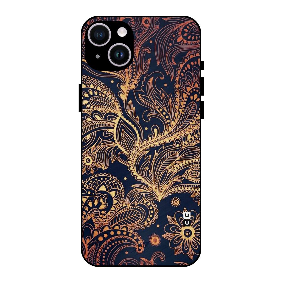 Classy Golden Leafy Design Metal Back Case for iPhone 14 Plus
