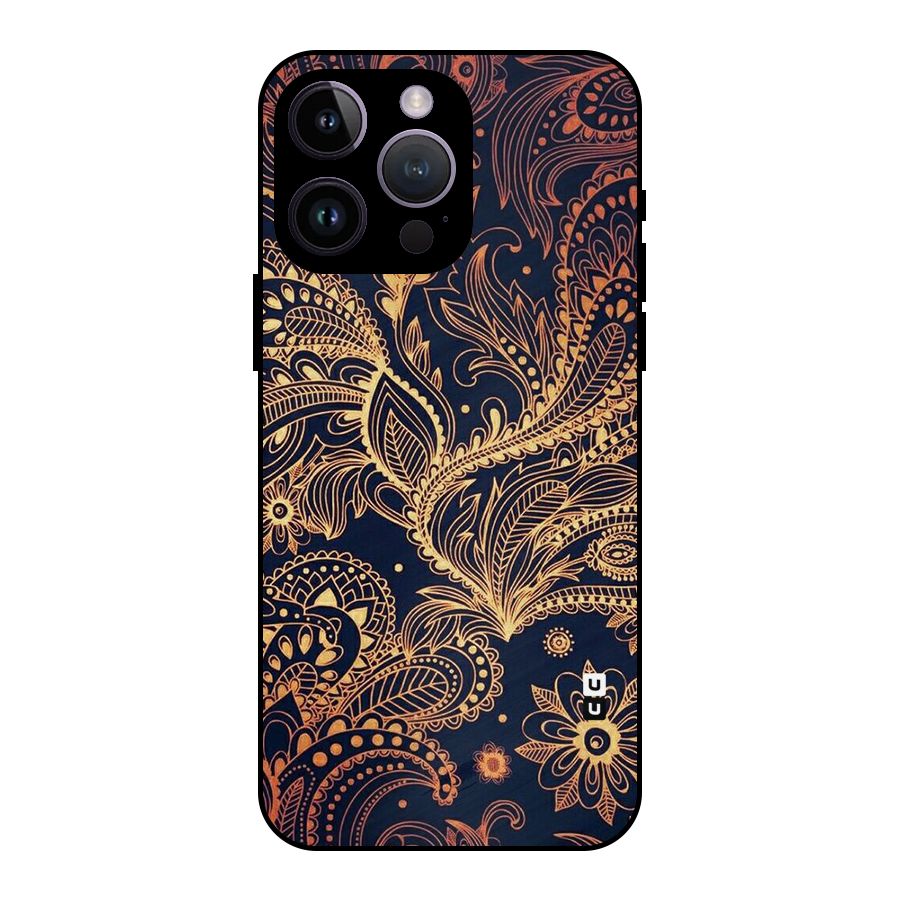 Classy Golden Leafy Design Metal Back Case for iPhone 14 Pro Max
