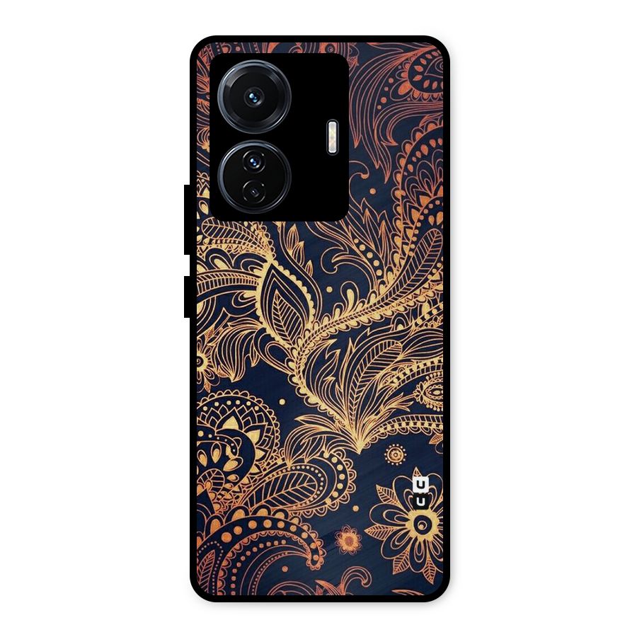 Classy Golden Leafy Design Metal Back Case for iQOO Z6