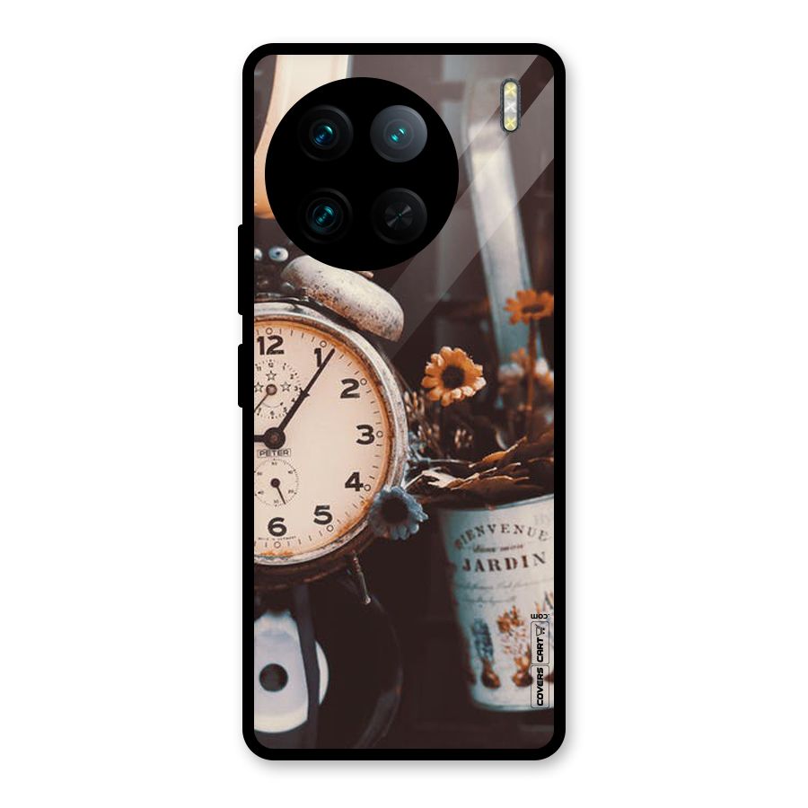 Clock And Flowers Glass Back Case for Vivo X90 Pro