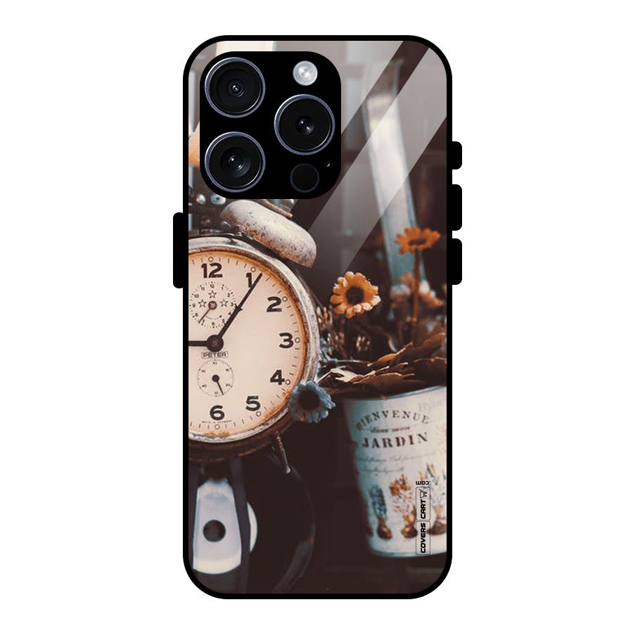 Clock And Flowers Glass Back Case for iPhone 15 Pro