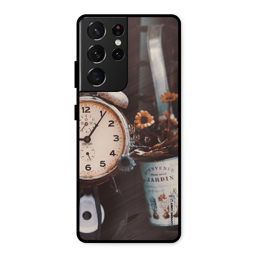 Clock And Flowers Metal Back Case for Galaxy S21 Ultra 5G