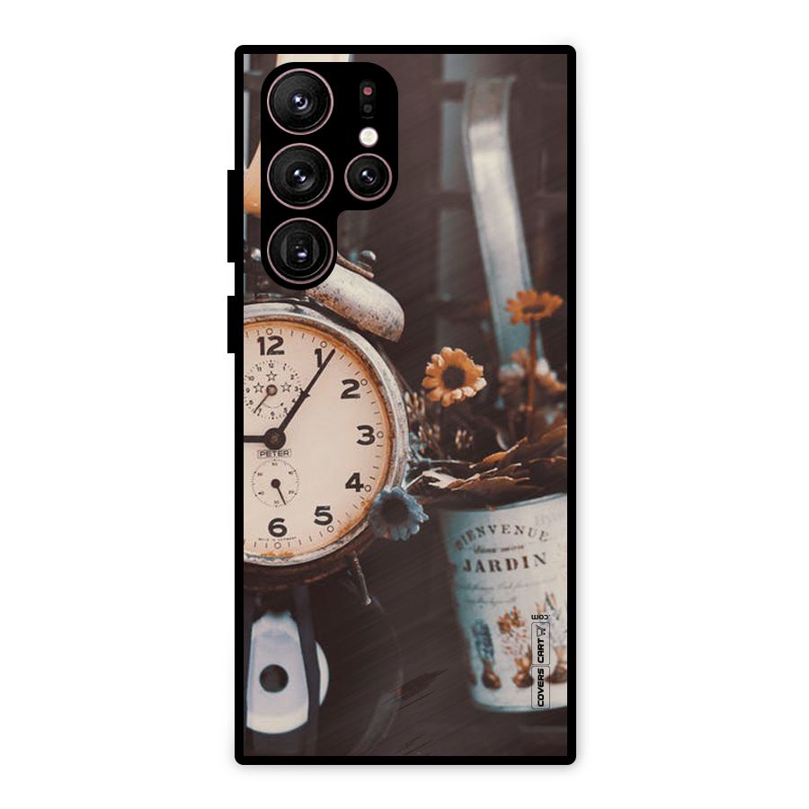 Clock And Flowers Metal Back Case for Galaxy S22 Ultra 5G