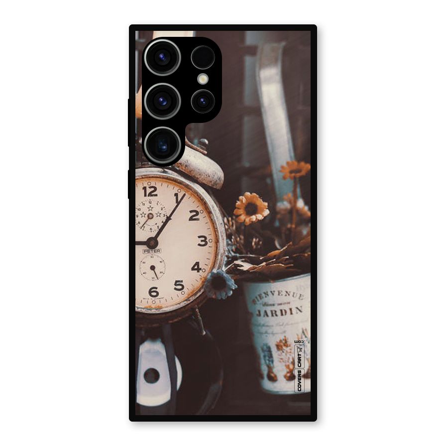Clock And Flowers Metal Back Case for Galaxy S23 Ultra