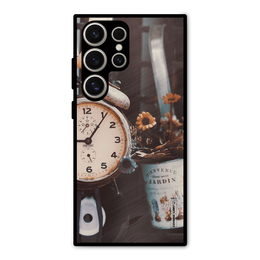 Clock And Flowers Metal Back Case for Galaxy S24 Ultra
