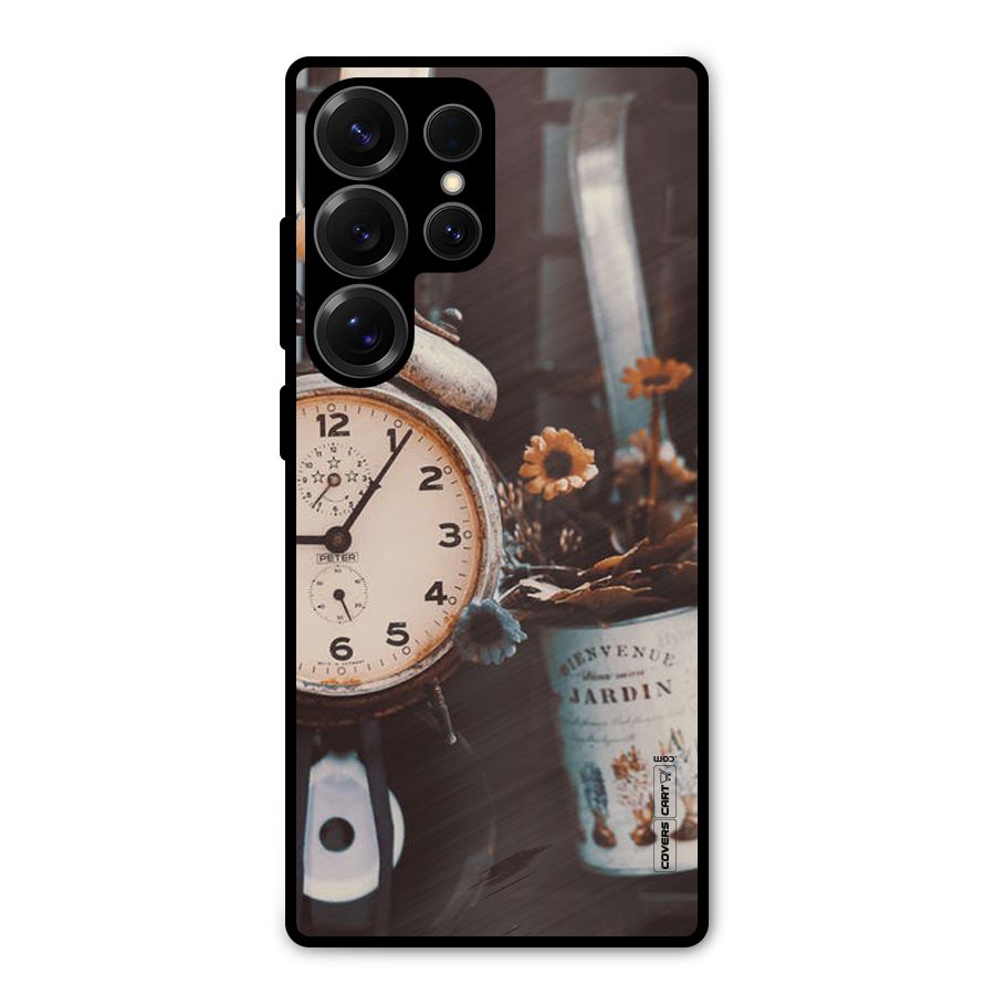 Clock And Flowers Metal Back Case for Galaxy S25 Ultra