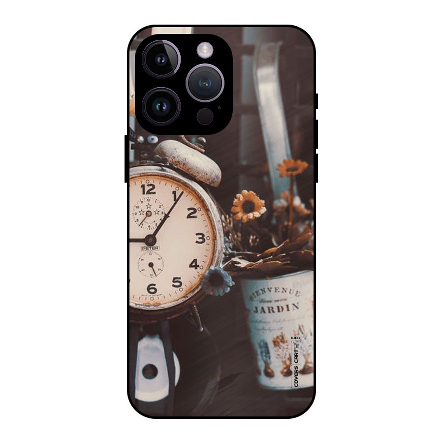 Clock And Flowers Metal Back Case for iPhone 14 Pro Max