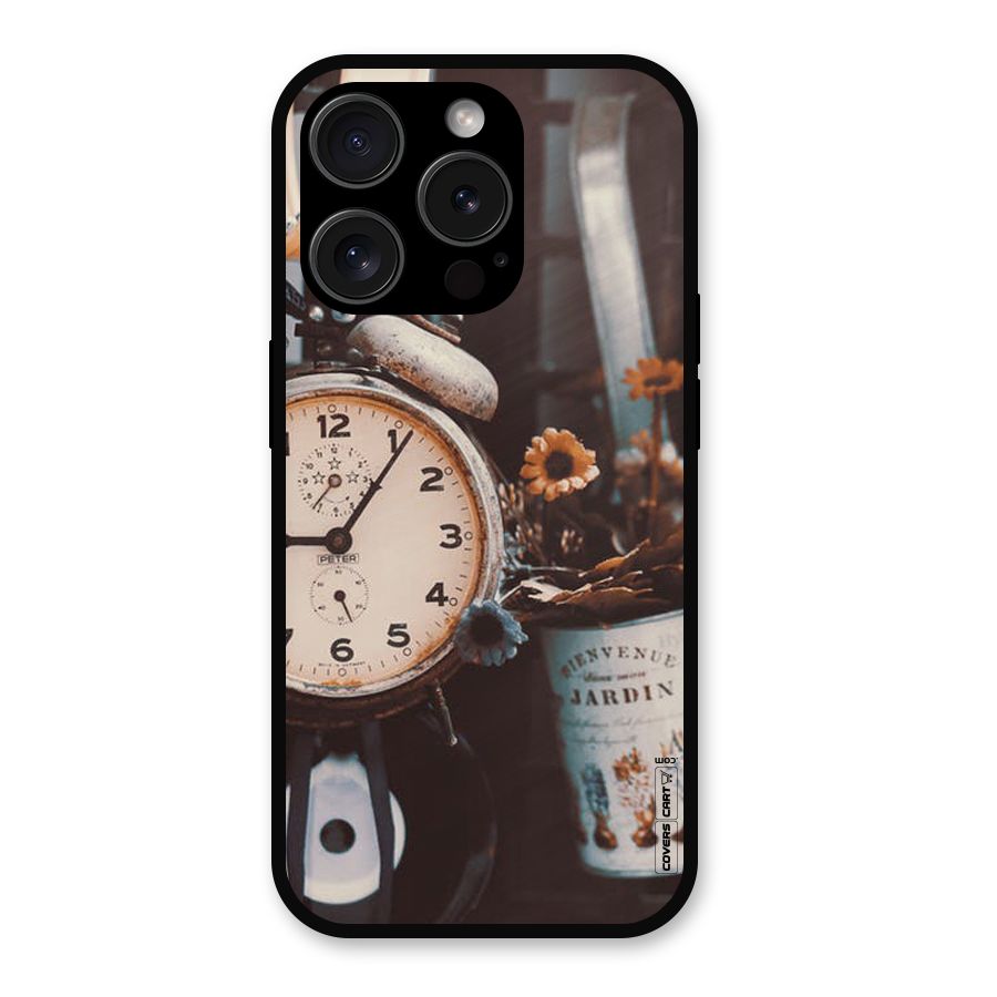 Clock And Flowers Metal Back Case for iPhone 15 Pro