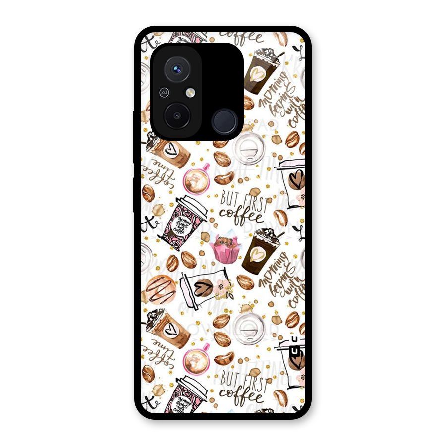 Coffee Pattern Glass Back Case for Redmi 12C