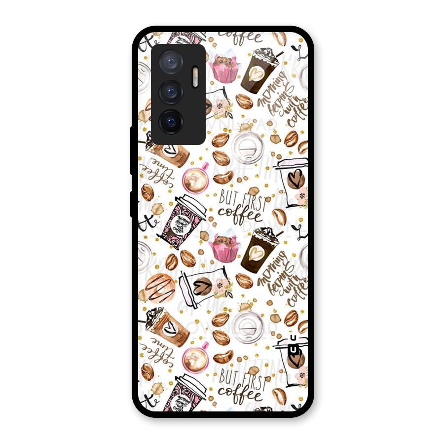 Coffee Pattern Glass Back Case for Vivo V23e