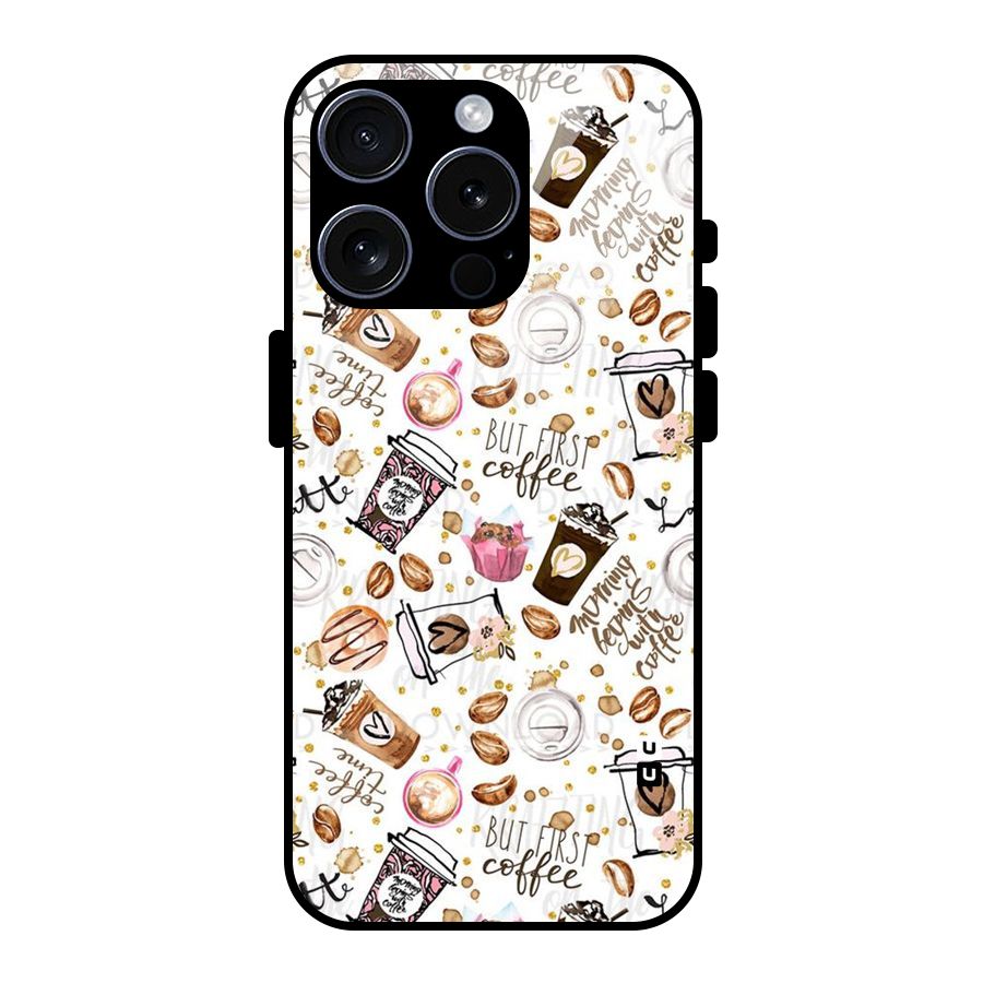Coffee Pattern Glass Back Case for iPhone 15 Pro