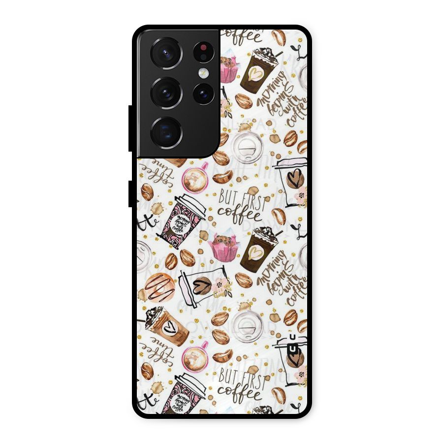 Coffee Pattern Metal Back Case for Galaxy S21 Ultra 5G