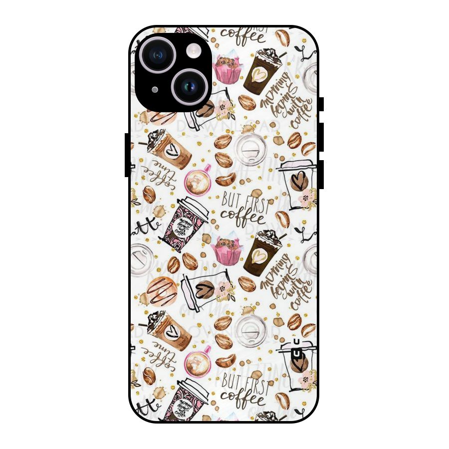 Coffee Pattern Metal Back Case for iPhone 14 Plus