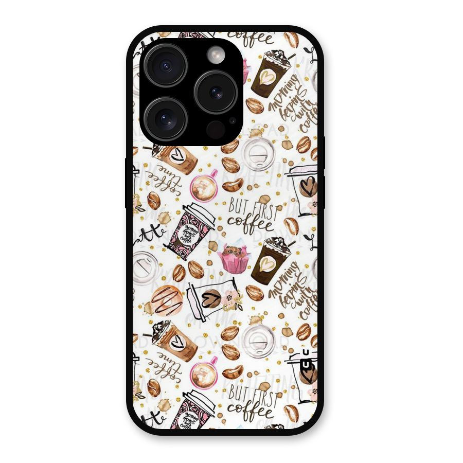 Coffee Pattern Metal Back Case for iPhone 15 Pro