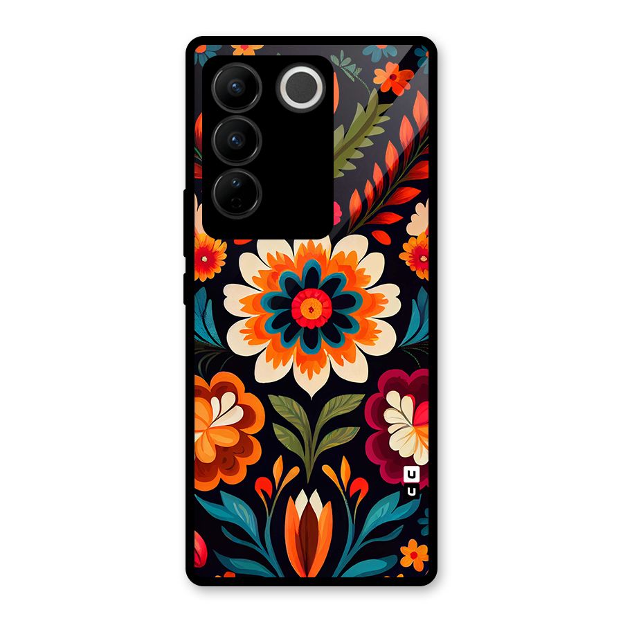 Colorful Mexican Floral Pattern Glass Back Case for Vivo V27 Pro