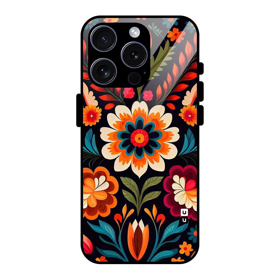 Colorful Mexican Floral Pattern Glass Back Case for iPhone 15 Pro