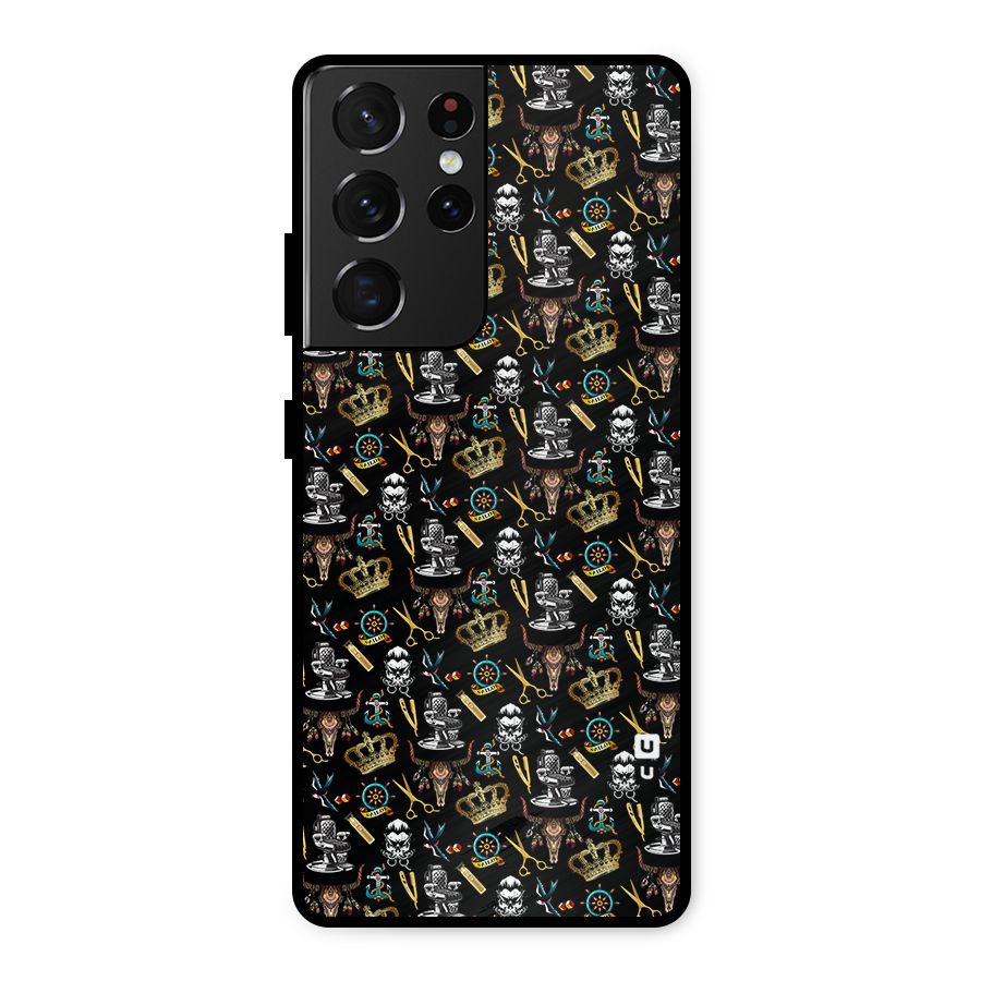 Cool Barber Pattern Metal Back Case for Galaxy S21 Ultra 5G