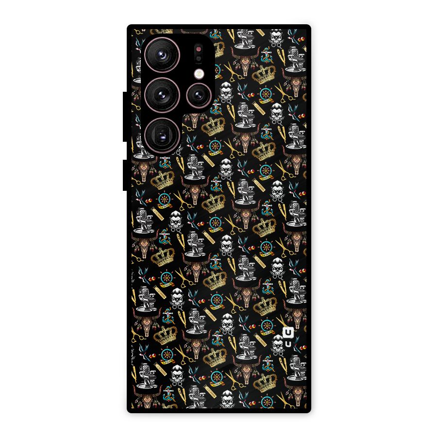 Cool Barber Pattern Metal Back Case for Galaxy S22 Ultra 5G