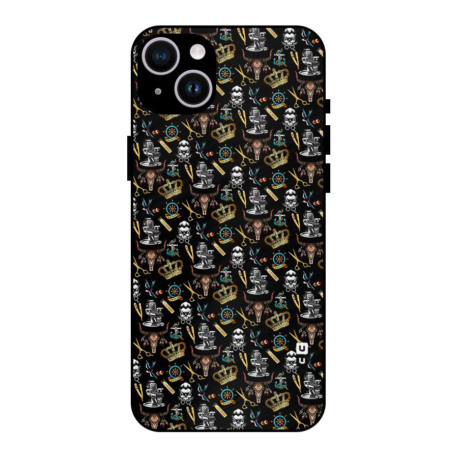 Cool Barber Pattern Metal Back Case for iPhone 14 Plus