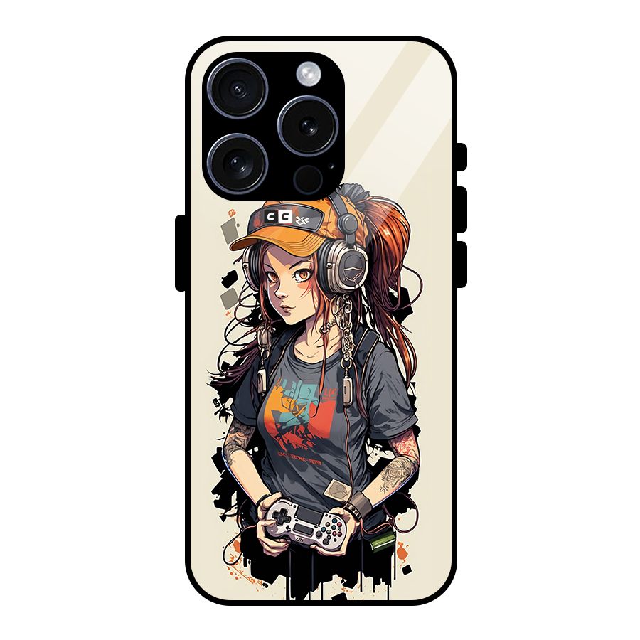 Cool Gamer Girl Glass Back Case for iPhone 15 Pro