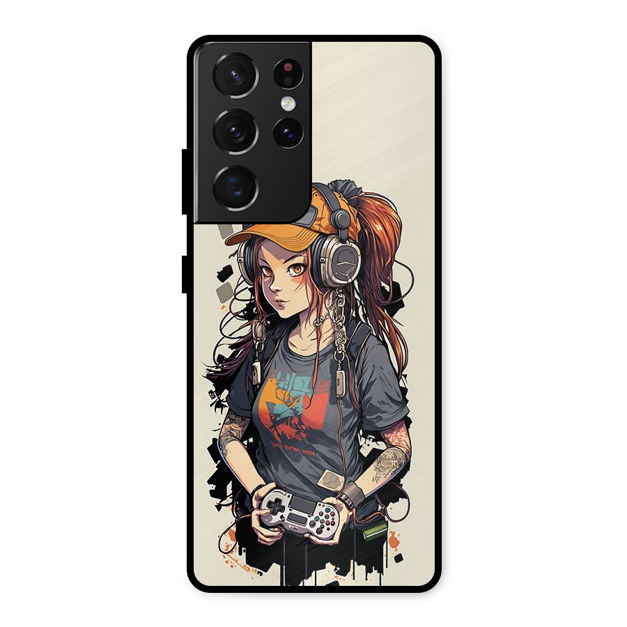 Cool Gamer Girl Metal Back Case for Galaxy S21 Ultra 5G