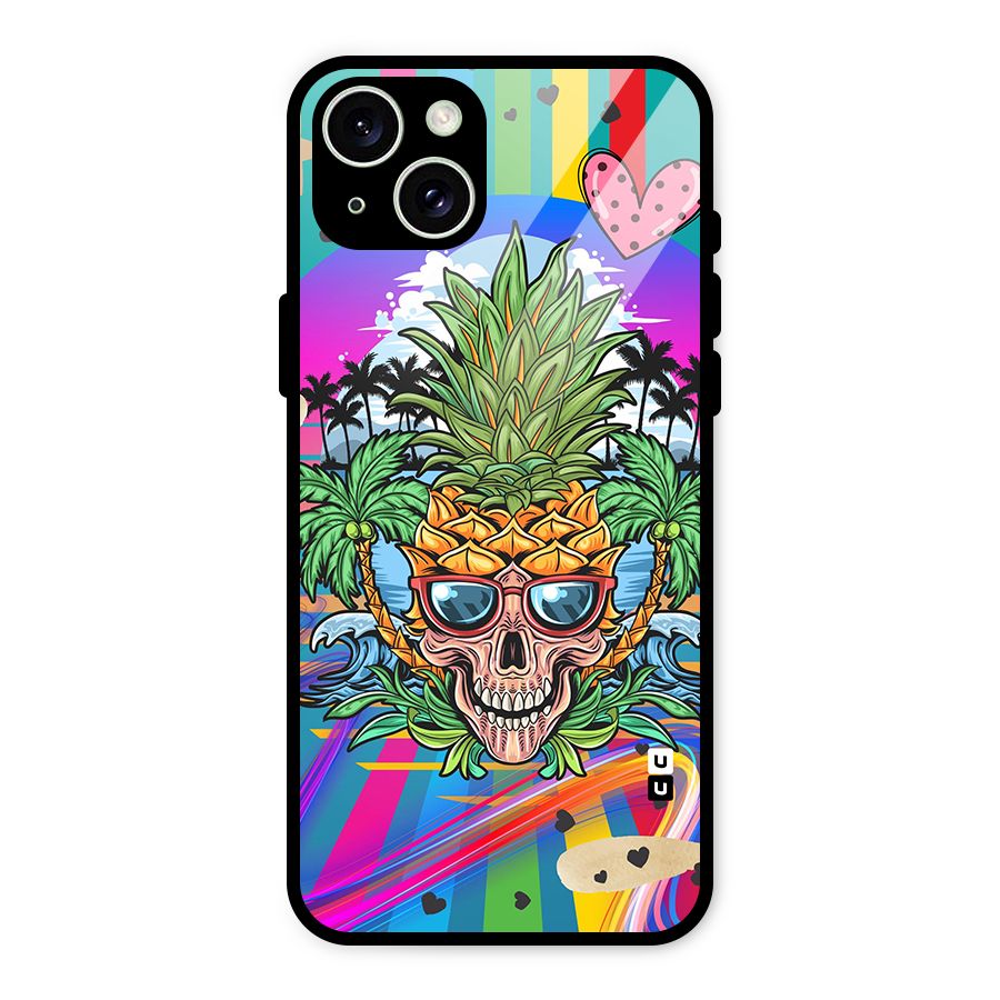 Cool Pineapple Skull Glass Back Case for iPhone 15 Plus