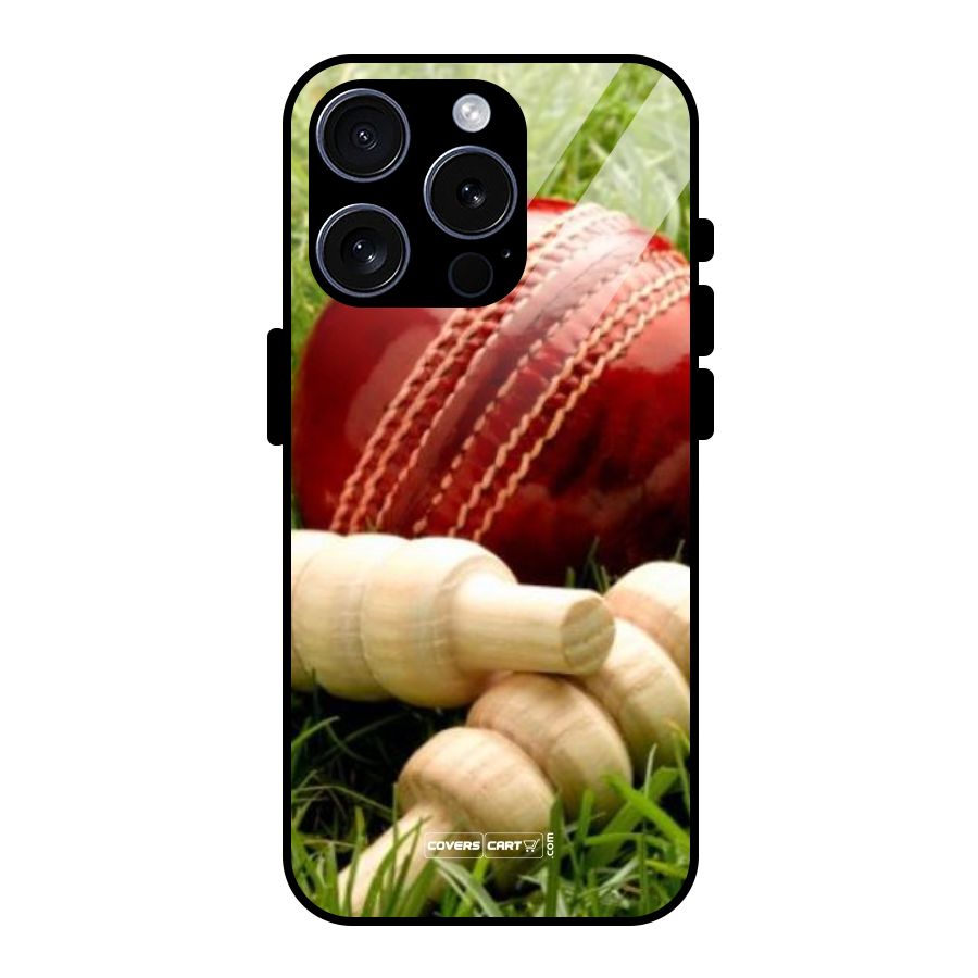 Cricket Ball and Stumps Glass Back Case for iPhone 15 Pro