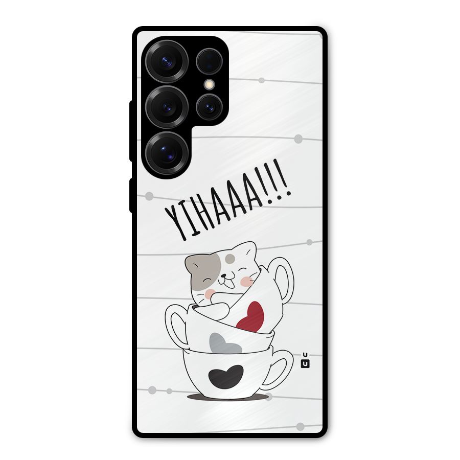 Cute Cat Cup Metal Back Case for Galaxy S25 Ultra