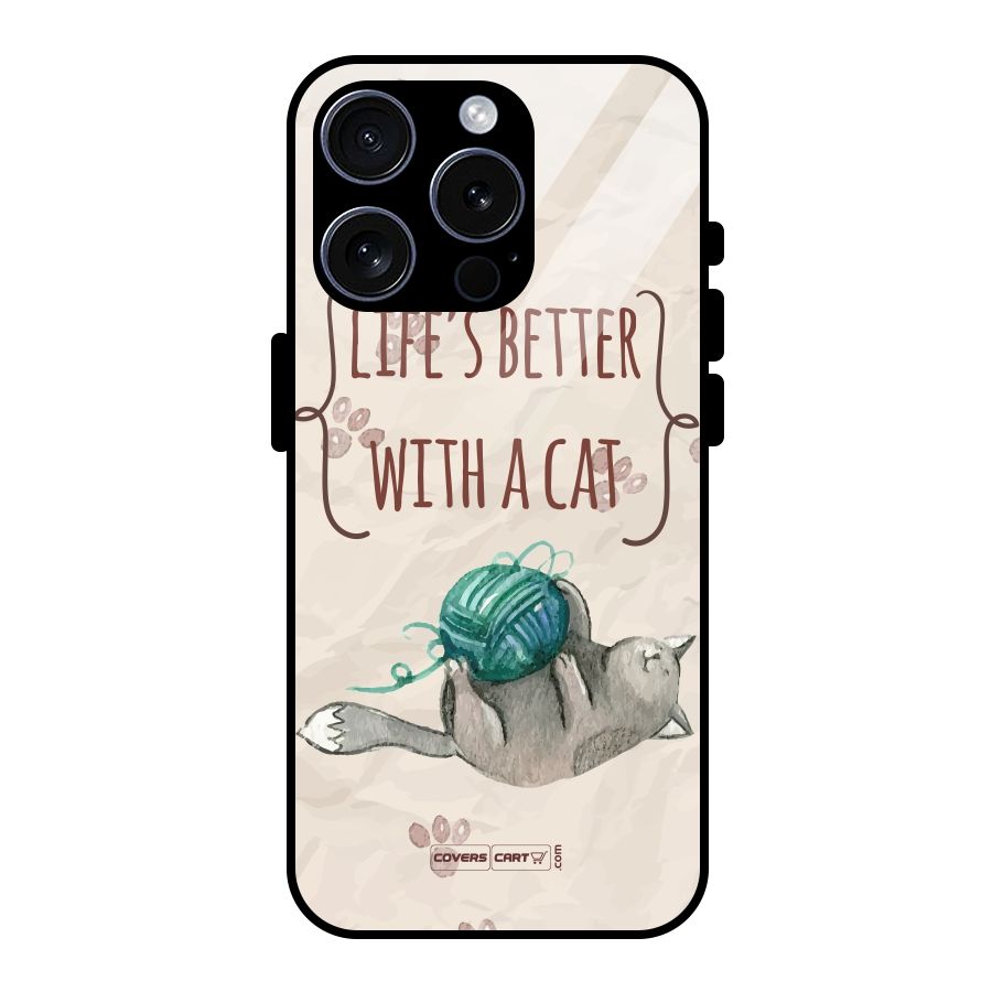 Cute Cat Glass Back Case for iPhone 15 Pro