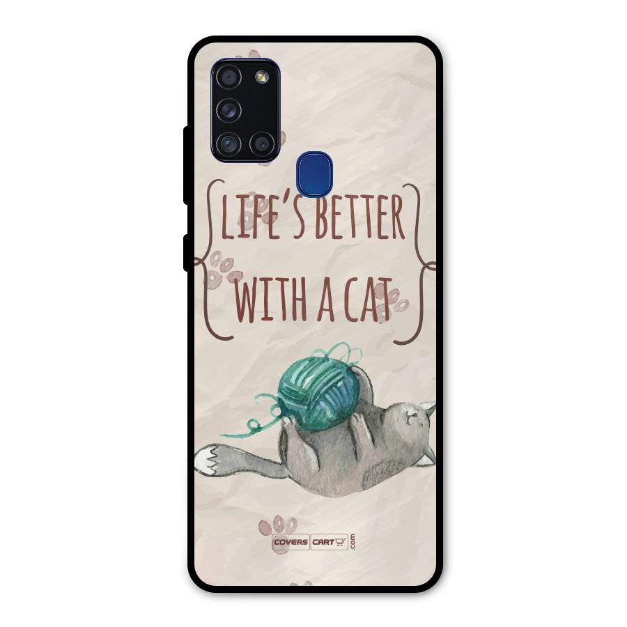Cute Cat Metal Back Case for Galaxy A21s