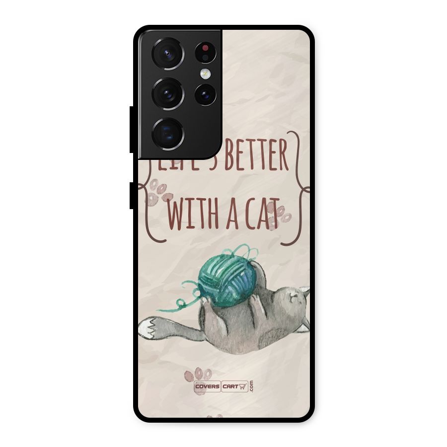 Cute Cat Metal Back Case for Galaxy S21 Ultra 5G