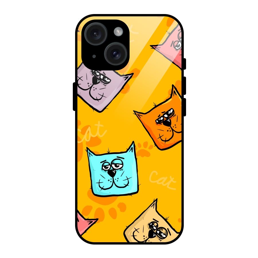 Cute Cat Pattern Glass Back Case for iPhone 15