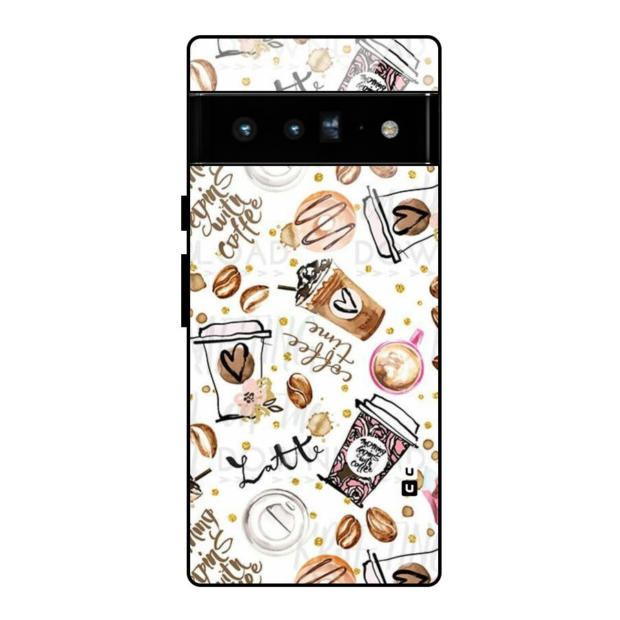 Cute Coffee Pattern Glass Back Case for Google Pixel 6 Pro