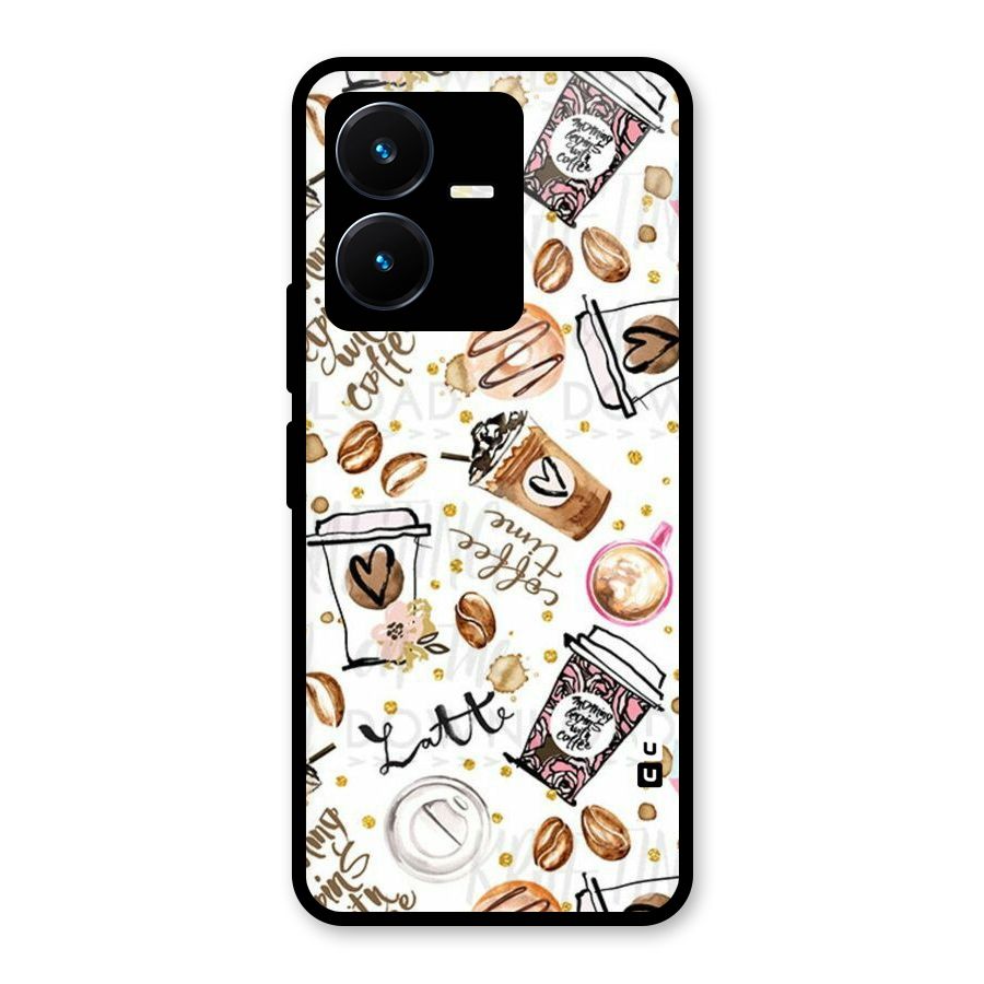 Cute Coffee Pattern Glass Back Case for Vivo Y22s