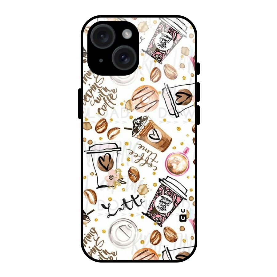 Cute Coffee Pattern Glass Back Case for iPhone 15