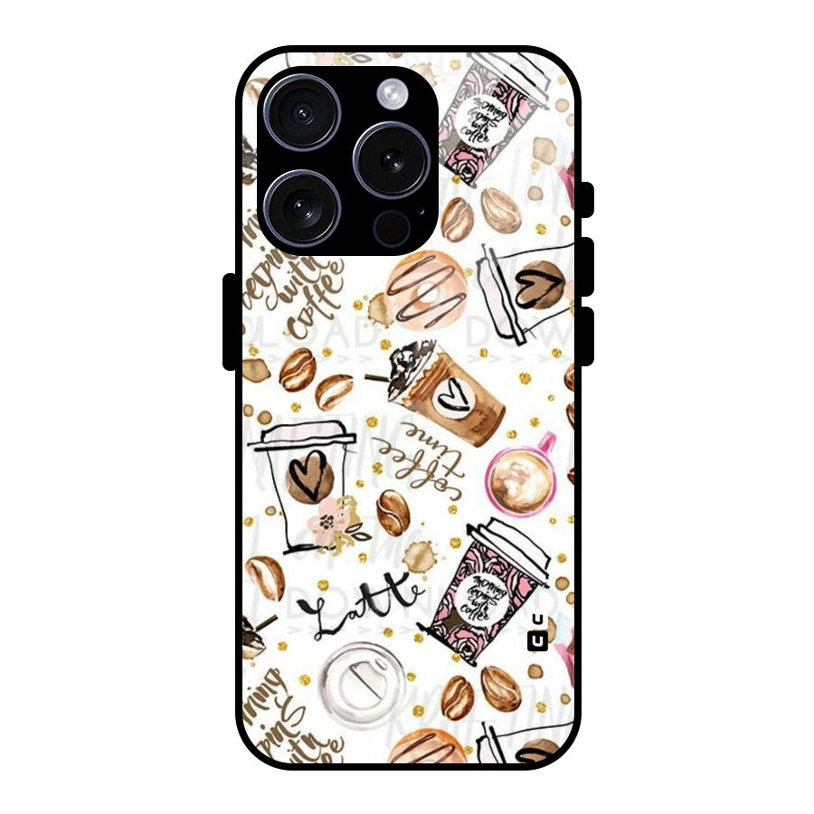 Cute Coffee Pattern Glass Back Case for iPhone 15 Pro