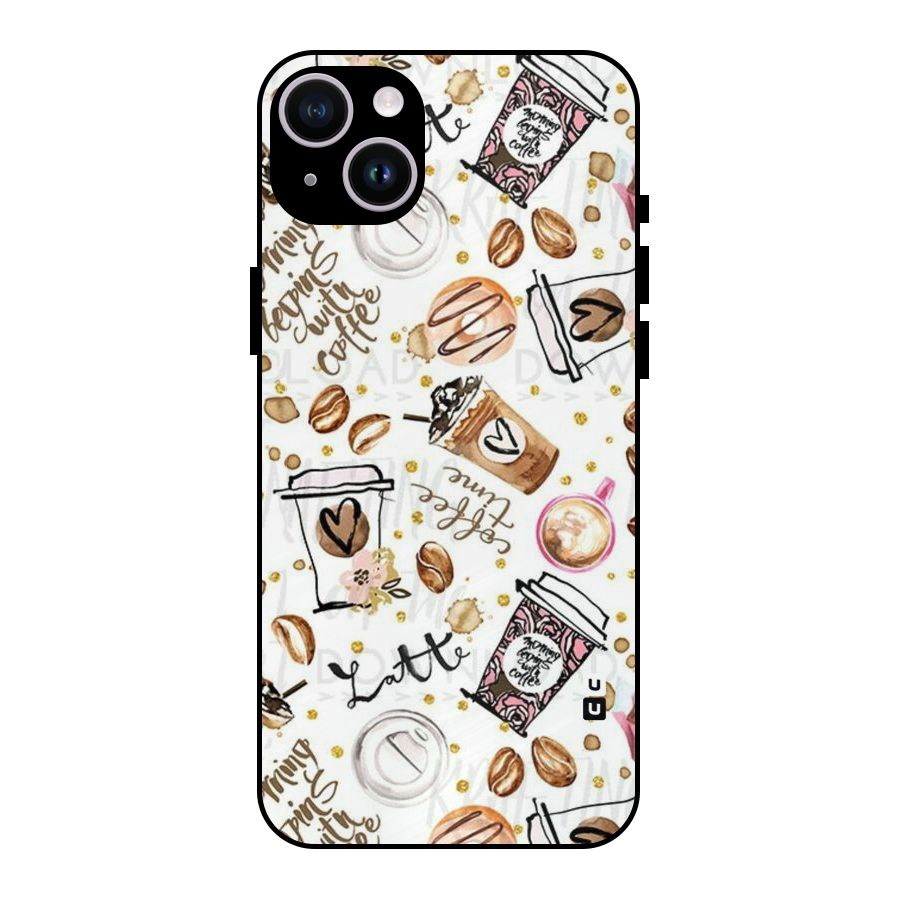 Cute Coffee Pattern Metal Back Case for iPhone 14 Plus