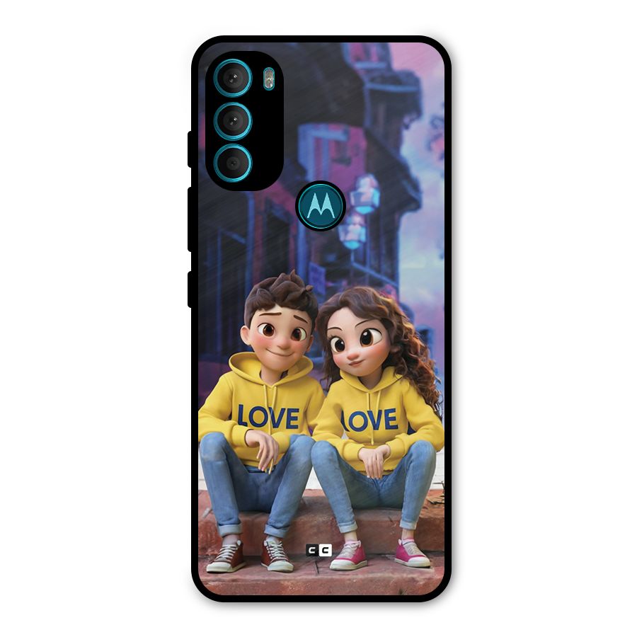 Cute Couple Sitting Metal Back Case for Moto G71 5G