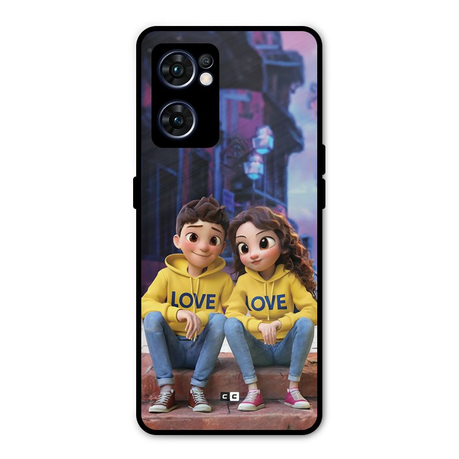 Cute Couple Sitting Metal Back Case for Oppo Reno7 5G