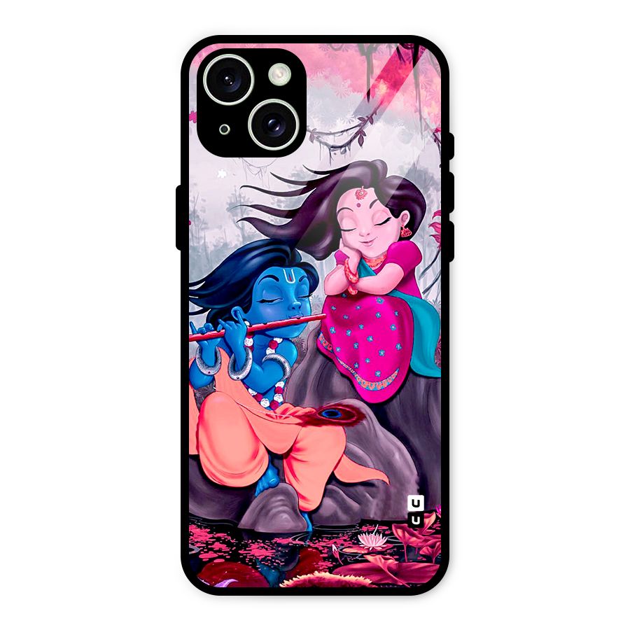 Cute Radha Krishna Glass Back Case for iPhone 15 Plus