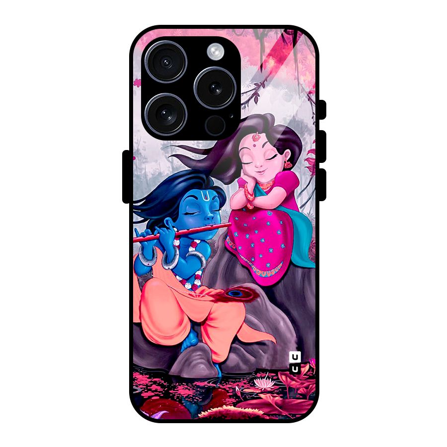 Cute Radha Krishna Glass Back Case for iPhone 15 Pro