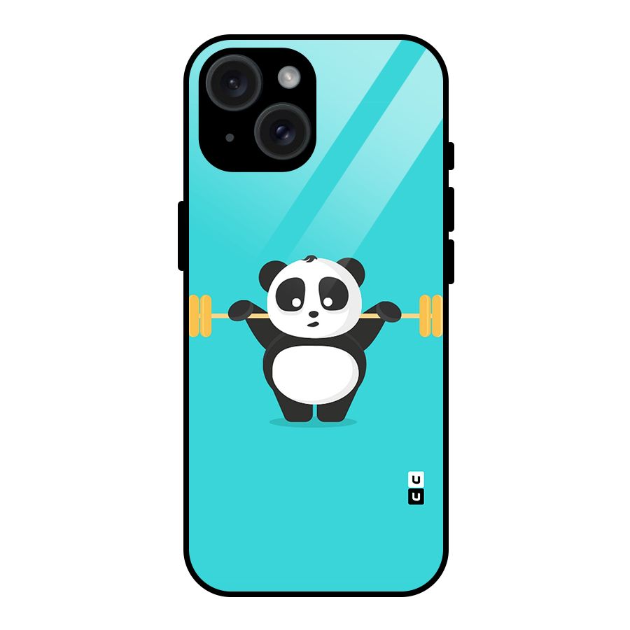 Cute Weightlifting Panda Glass Back Case for iPhone 15